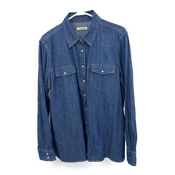 Orvis Denim Pearl Snap Shirt Blue Long Sleeve Cotton Men’s XL or XXL - Picture 1 of 5